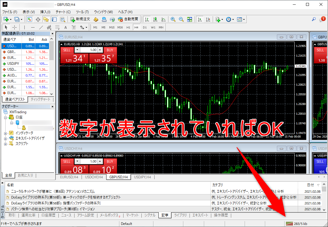 XMログイン後のMT4画面