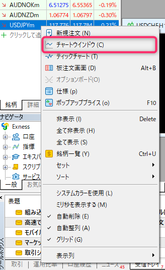 パソコン版MT5「チャートウィンドウ」を選択する
