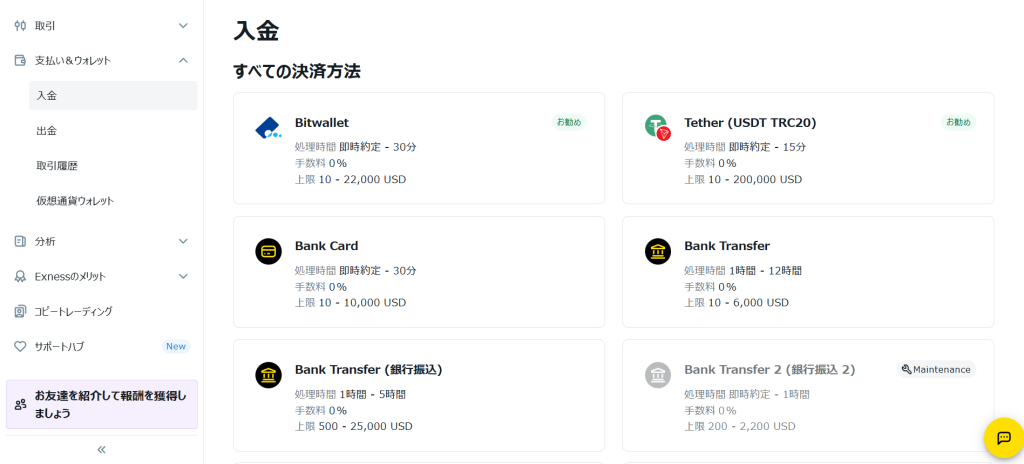 Exness 入金方法