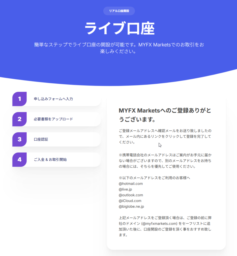MYFX Markets登録完了画面