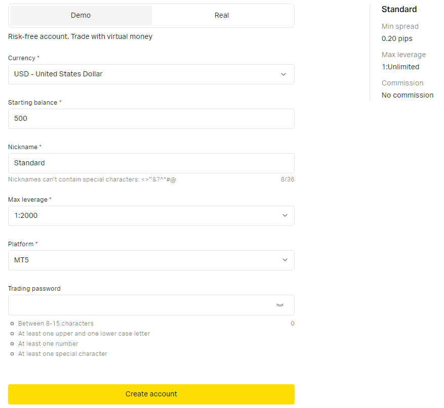 デモ口座詳細入力画面