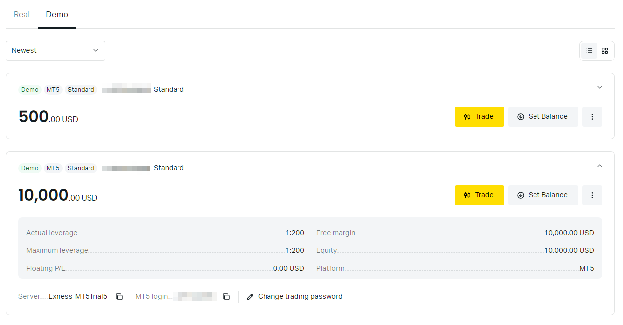 Exnessデモ口座一覧画面