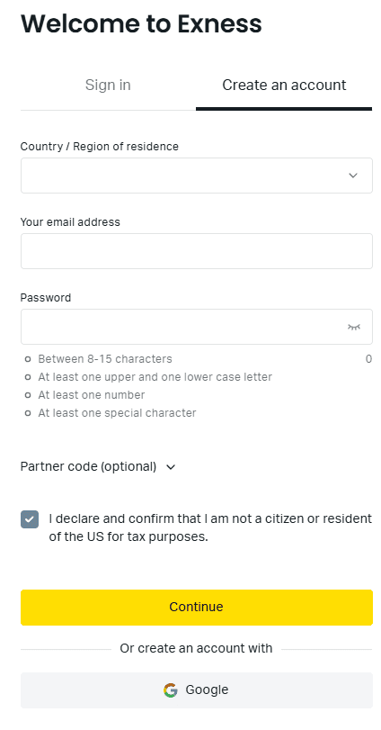 Exness 新規会員登録