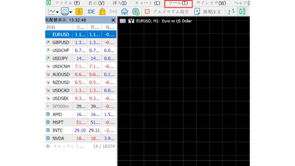 MT4/MT5を開き画面上部の「ツール」をクリック