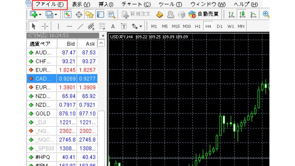 MT4を開いて「ファイル」を選択しデモ口座の申請の画像