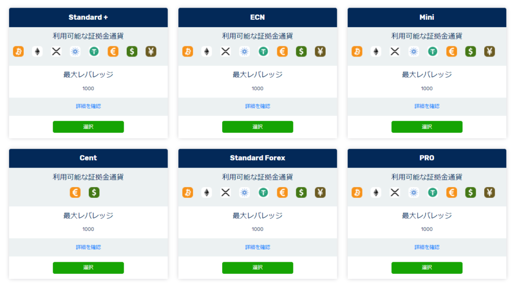 FXGTの口座タイプ選択画面