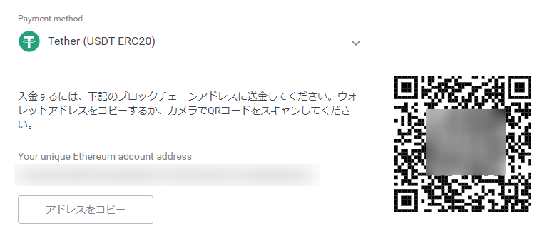 Exnessのテザー入金画面