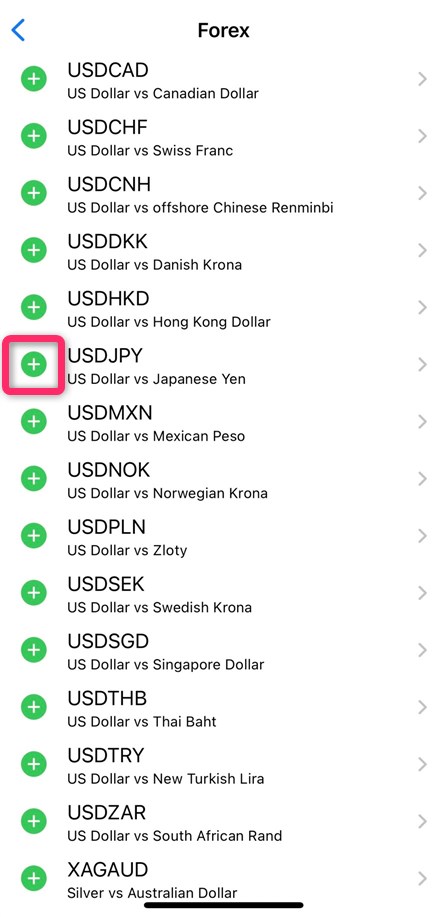 MT5アプリ通貨ペアの左にある「+」ボタンをタップする