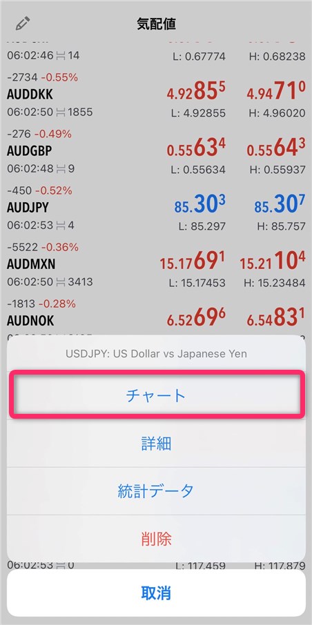 MT5アプリ気配値の通貨ペアを長押しする