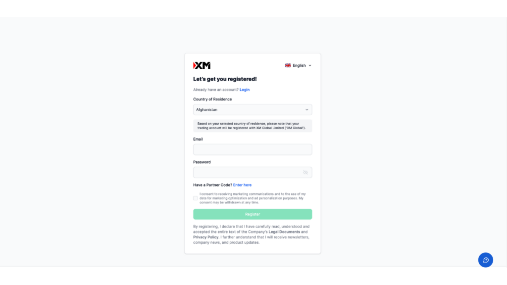 XM Globalのアカウント作成ページ