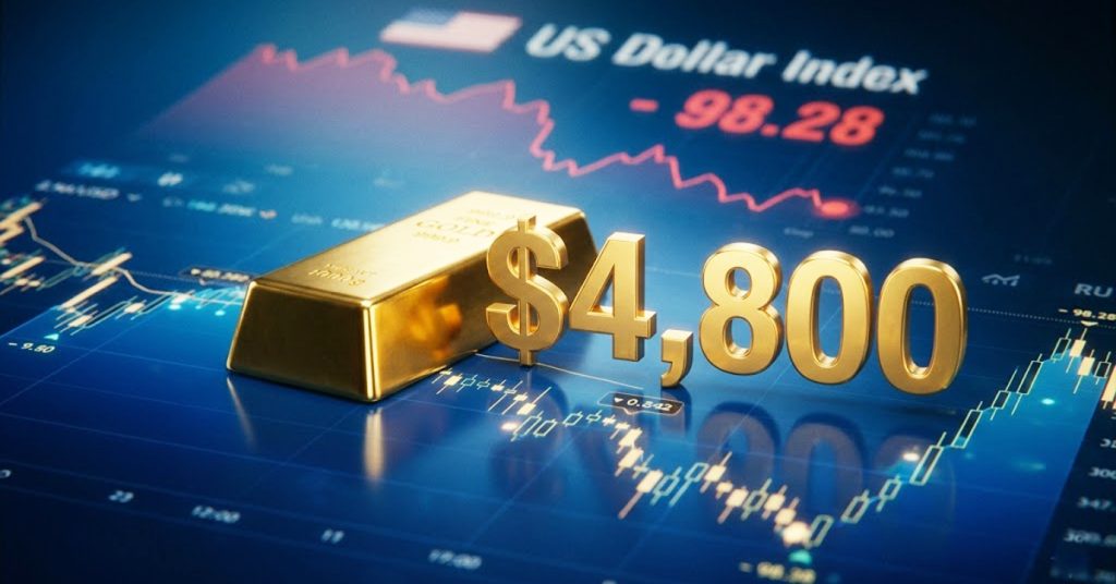 米ドル指数が98台まで低下する中、金は4,800ドル付近で推移